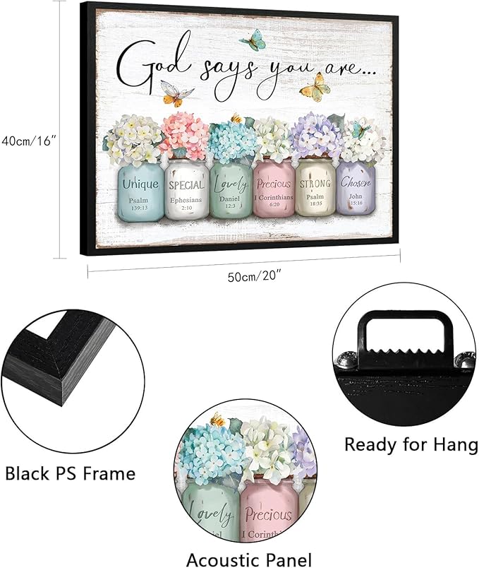 God Says You Are Wall Art: Inspirational Quotes Christian Wall Art Bible Verses Wall Decor Religious Gifts for Women Girls,Hydrangea Flower in Mason Jar Picture Poster Bedroom Decor 16"x20"