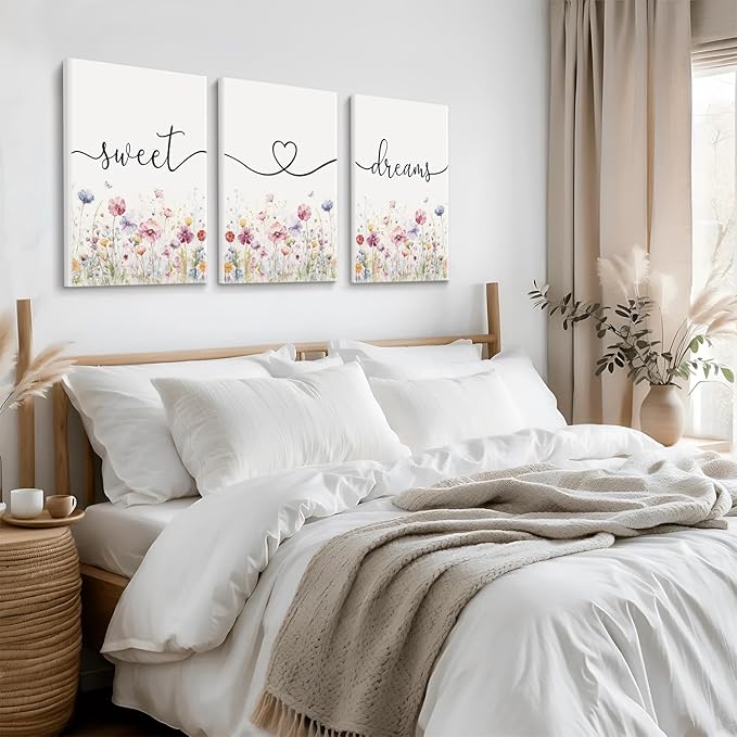 Bedroom Wall Art Decor - Set of 3 Framed Farmhouse Sweet Dreams Sign 12’’x16’’ Above Bed Wall Decor for Bedroom Decor Wall Art Wood Signs (Multicolour, 12’’x16’’)
