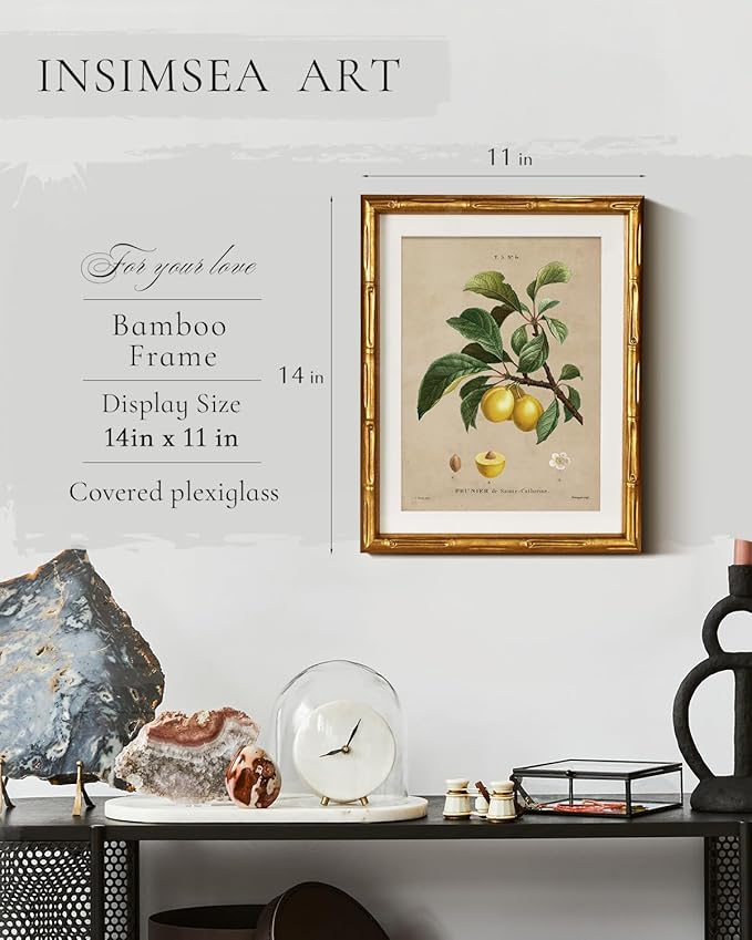 InSimSea Gold Bamboo Framed Canvas Wall Art, Retro Nature Plum Botanical Paintings, Antique Vintage Picture Frame with Mat, Victorian Home Wall Decor for Living Room Kitchen Dining, 11x14inch
