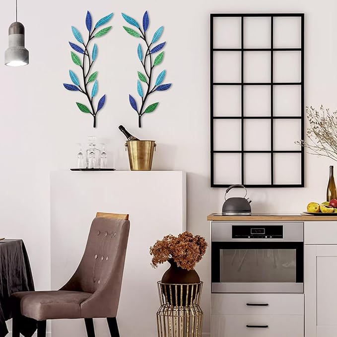 Metal Tree Leaf Wall Decor 2 PCS Rustic Vine Branch Leaf Wall Art for Living Room Bedroom Bathroom Decorations - Bright Color