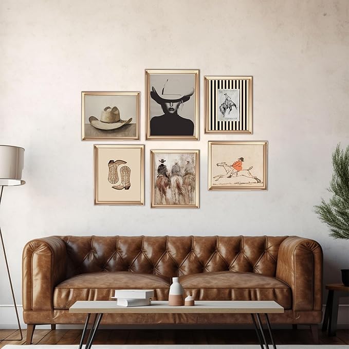 Vintage Western Cowboy Poster Set of 6, Southwestern Rustic Aesthetic Artwork Canvas Prints, Coastal Cowgirl Room Decor, Mid Century Striped Western Wall Decor Paintings, Dorm College Home Decoration