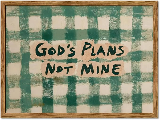 Framed God's Plans Not Mine Canvas Wall Art, Inspirational Faith Quote Pictures Wall Decor, Green Gingham Paintings Prints Christian Home Decor for Living Room Bedroom Dorm Office 12x16 inch