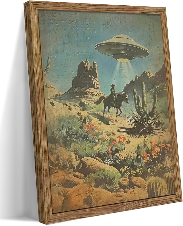 Framed Vintage Intergalactic Western Canvas Wall Art, Alien UFO Abducting Cowboy, Desert Cactus and Flowers Wall Decor, Retro Sci-Fi Poster for Living Room Bedroom – Dark Wooden Frame 8x10in