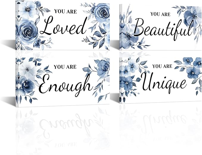HOMEOART 4 Piece Framed Inspiration Floral Wall Decor Positive Saying Word Art Pictures Farmhouse Bathroom Wall Decor Painting Woman Teen Girl Room Sign, Framed 6x12inchx4pcs (Blue)