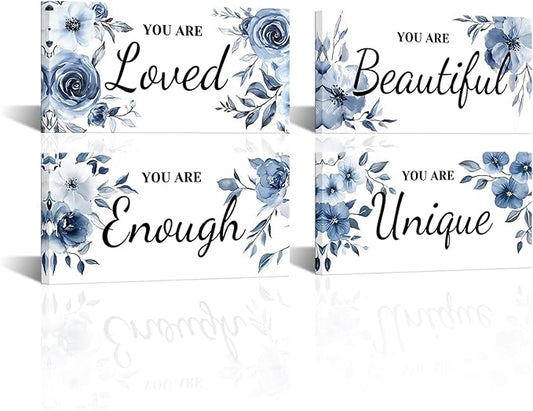 HOMEOART 4 Piece Framed Inspiration Floral Wall Decor Positive Saying Word Art Pictures Farmhouse Bathroom Wall Decor Painting Woman Teen Girl Room Sign, Framed 6x12inchx4pcs (Blue)