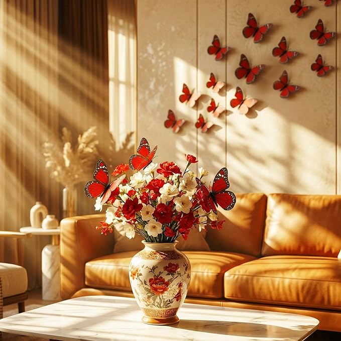 Chuangdi 48 Pcs Red Monarch Butterfly Decorations 3 Size Fake Butterflies Realistic Butterfly Craft Artificial Mariposas Wall Decor for Craft Wedding Home Birthday Party (3.2inch,4inch,4.7inch)