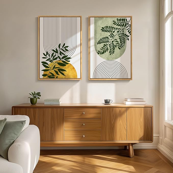 Large Framed Green Boho Wall Art for Living Room, Set of 2 Botanical Geometric Artwork for Walls, Bohemian Modern Neutral Canvas Painting Prints for Bedroom Office Kitchen Hallway Wall Decor, 24x36 In