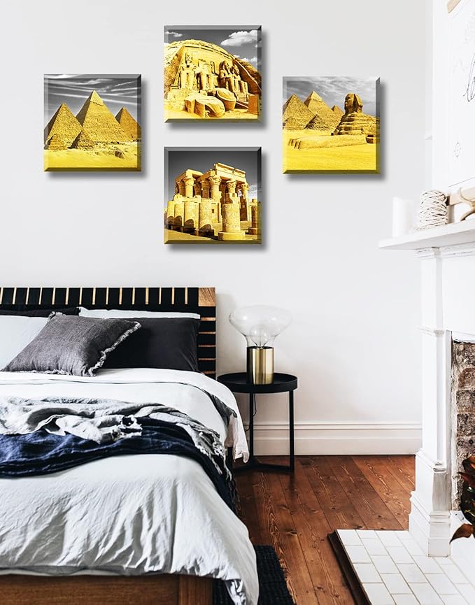 DJSYLIFE Bedroom Decor Gold Wall Art Egyptian Pyramids Canvas Print Picture Gray White Posters Modern Artwork for for Living Room Bathroom Office Home Decoration Framed Ready to Hang 12"X12"X4
