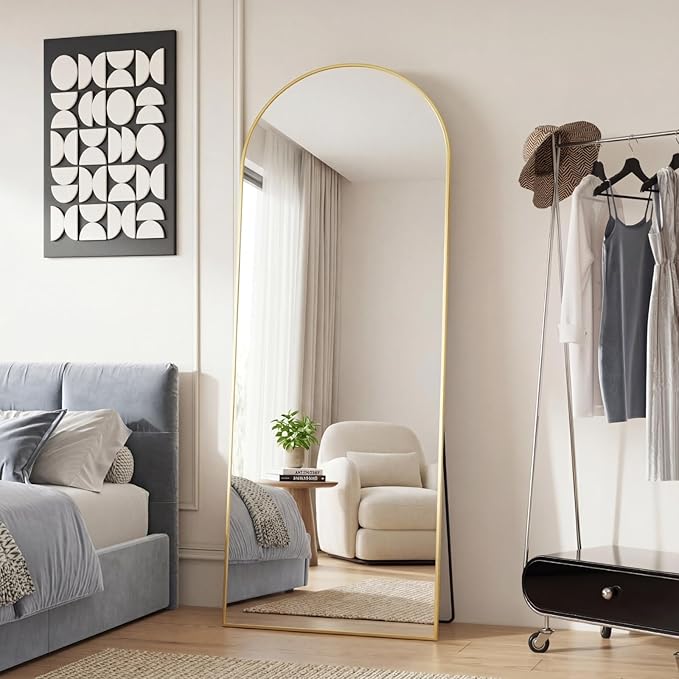 DUMOS Arched Full Length Mirror with Stand Floor Free Standing Aluminum Frame for Bedroom Body Hanging Leaning Modern Simple Home Decor Shatter-proorf Nano Glass Wall Gold 65"x24"