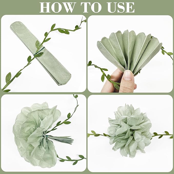 Sage Green Tissue Paper Flowers Pom Pom with Leaf Ribbon Dusty Green Hanging Garland Streamer for Birthday Baby Shower Wedding Engagement Woodland Safari Jungle Neutral Party Decorations Supplies