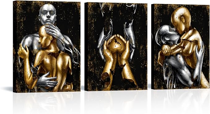 Visual Art Decor Black and Gold Love Decor Grey & Gold Hugging Couple Bedroom Wall Decor Picture Art Prints Framed Canvas Print (Black, 12x16inchx3 Pieces)