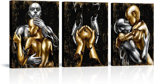 Visual Art Decor Black and Gold Love Decor Grey & Gold Hugging Couple Bedroom Wall Decor Picture Art Prints Framed Canvas Print (Black, 12x16inchx3 Pieces)