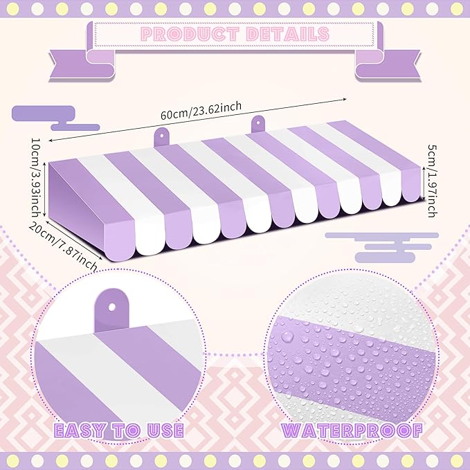 Boao 4 Pack Circus Awning Decoration 3D Stripe Cardboard Awning Carnival Wall Decor Circus Party Favors for Lemonade Stand Bakery Ice Cream Truck Bulletin Board Decor(Purple and White)