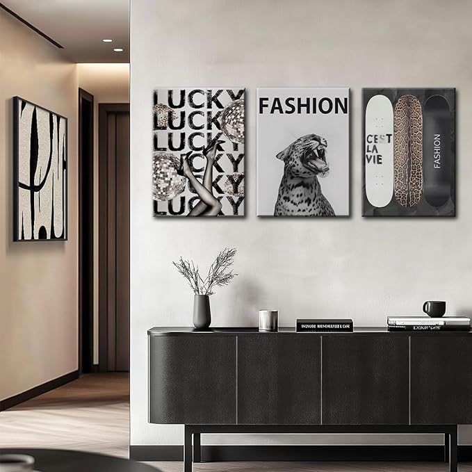 Trendy Leopard Canvas Wall Art Fashion Cheetah Lucky Skateboard Wall Decor Pictures Funky Vintage Preppy Luxury Aesthetic Posters Prints for Girly Bedroom Apartment Dorm Decoration 16x24in