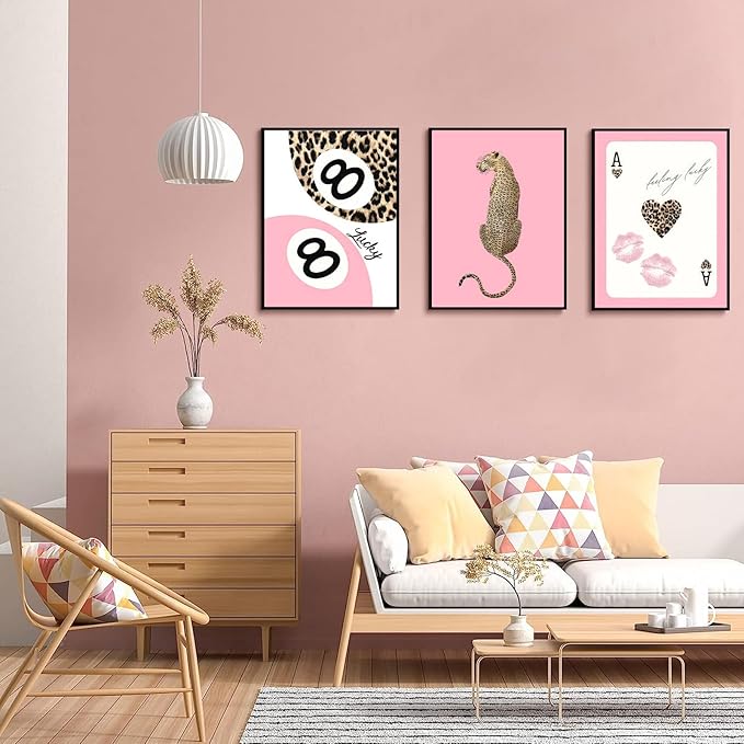 Set of 3 Trendy Pink Leopard Wall Art Cheetah Lucky 8 Ball Posters Prints Preppy Cheetah Aesthetic Wall Decor Pictures for Girly Bedroom Apartment Dorm Decoration Unframed 12x16in
