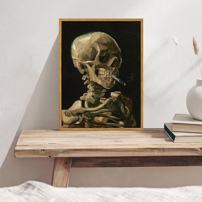 KBKBART Framed Canvas Wall Art Skull of a Skeleton with Burning Cigarette Van Gogh Art Print, Dark Academia Wall Decor Gothic Wall Art for Halloween, Living Room, Bedroom, Office, Bathroom, Gothic