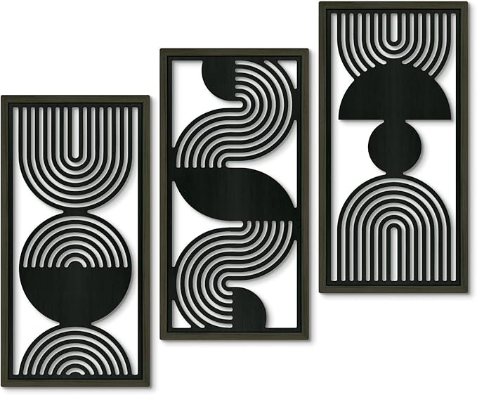 Putuo Decor Modern Minimalist Wall Art Set of 3, Black and Gray MDF Cut-Out Geometric Line Panels, Abstract Vertical Art for Living Room Bedroom Office Wall Decor