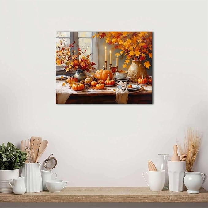 Pumpkin Wall Art Fall Kitchen Wall Decor Farmhouse Halloween Canvas Prints Pictures Autumn Maple Leaves Painting Rustic Thanksgiving Harvest Themed Artwork for Dining Room Home Decoration 12x16"