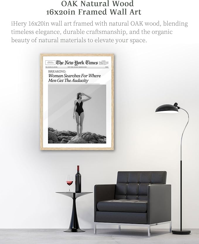 iHery Framed Trendy NewsPaper Wall Art, Large 16x20in Canvas Wall Art,Beige OAK Wood Retro Vintage Magazine Artwork,Woman Searches For Where Men Get The Audacity,Bedroom Bathroom Decor 1Pack