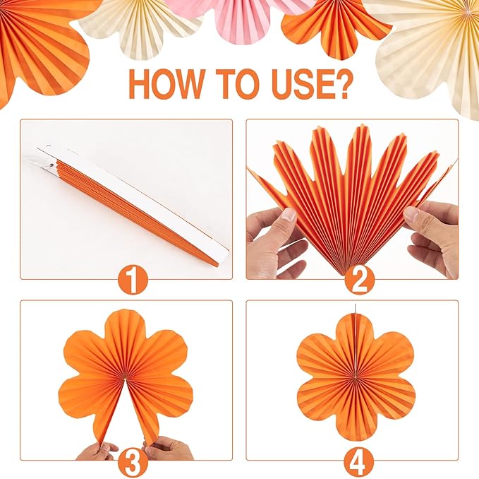 Paper Flowers Decorations for Wall Pink and Orange Paper Fans Classroom Decoration Paper Floral Backdrop Decor Paper Fans Decoration Hanging Paper Fans Pink Flower Wall Decor, Set of 9