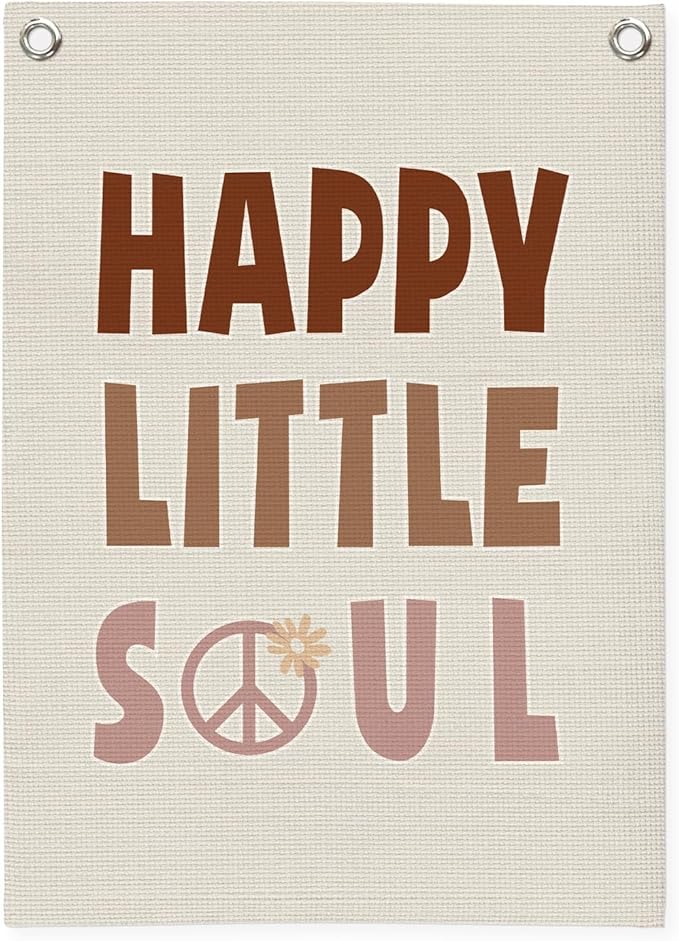 Nursery Wall Decor,Kids Room Decor,Happy Little Soul Linen Canvas Banner,Boho Inspirational Wall Hanging for Girls Bedroom,Nursery,Playroom 18x25 Inch