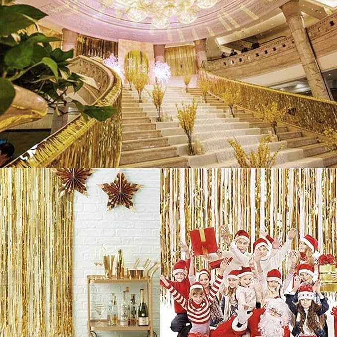 Gold Fringe Backdrop, 3 Pack Gold Foil Curtains, Party Streamers for Birthday, Wedding, Bachelorette Party Decor, Disco Party Decor