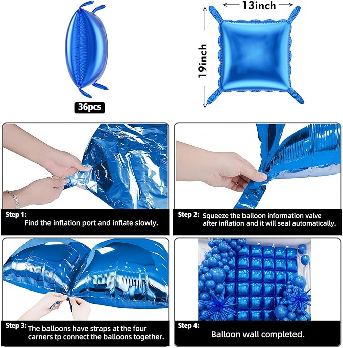 36pcs Blue Square Foil Balloons Wall Backdrop with 79pcs Balloon Garland Arch Kit, Double Sided Balloon for Birthday Baby Shower Bridal Shower Anniversary Prom Graduation Party Decorations