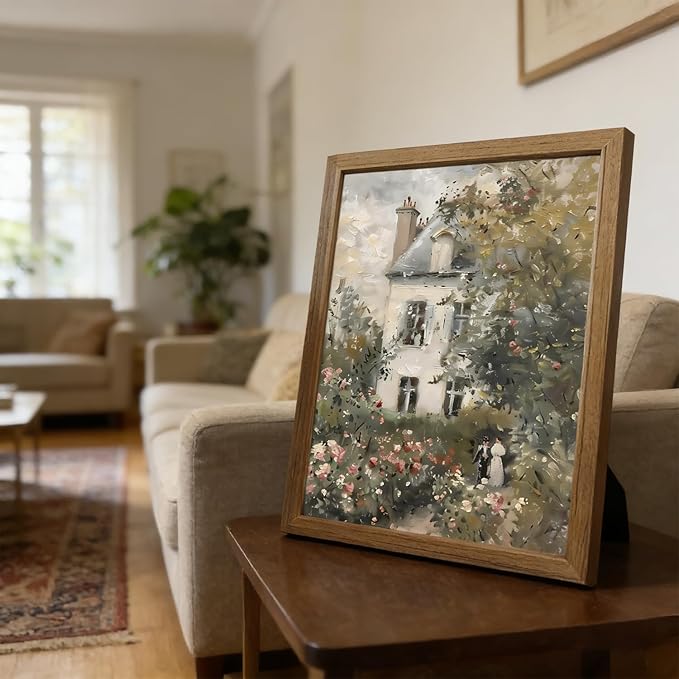 Framed VintageCanvas Floral Cottagecore Wall Art, Neutral Rose Garden Oil Paintings Print English Country Floral Farmhouse Wal Decor for Living Room Bedroom Country Home 8x10 inch