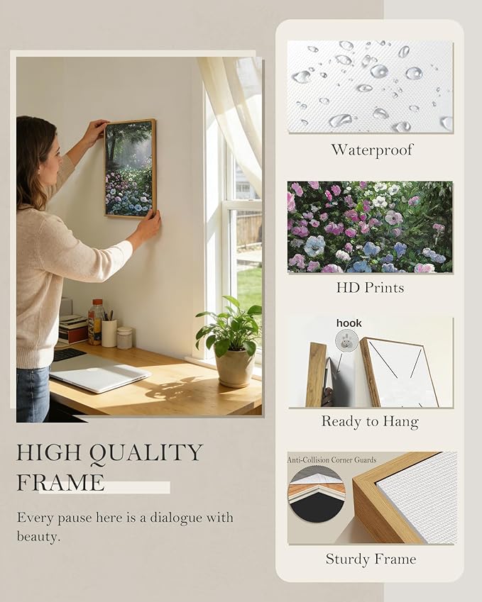 SHENIFY Vintage Floral Framed Wall Art Garden in Flower Scenery Farmhouse Decor Retro Flower Sea Field Painting for Bedroom Living Room Ready to Hang Wall Artwork - 8x16in Natural Framed