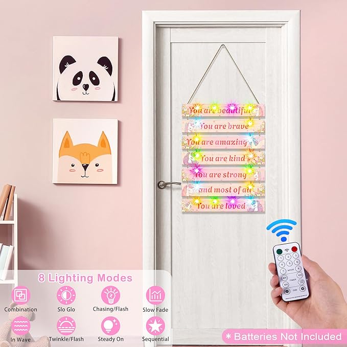 FIOBEE Girls Room Décor for Teen Girls Boys with LED Light Wall Decor for Bedroom Motivational Inspirational Wall Art Girl Room Decoration for Kids Studyroom, 8 Kinds of Lights, Pink Unicorn