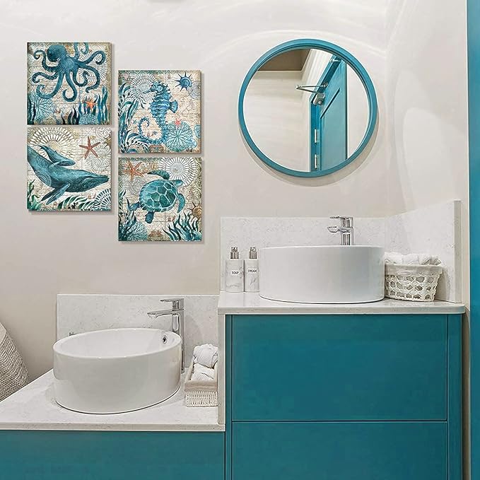 Bathroom Wall Art Beach Decor Ocean Sea Turtle Octopus Canvas Pictures Coastal Room Decor Teal Bathroom Accessories Vintage Whale Seahorse Poster Modern Nautical Painting Bedroom Home Decorations