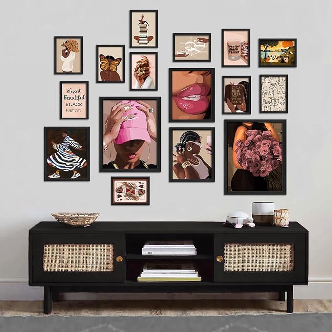 ANERZA 16 PCS Black Girl Wall Art Decor, African American Gallery Wall Prints for Bedroom, Black Woman Posters for Living Room Aesthetic, Black People Collage Kit Pictures, Pink and Black Dorm Home Decor