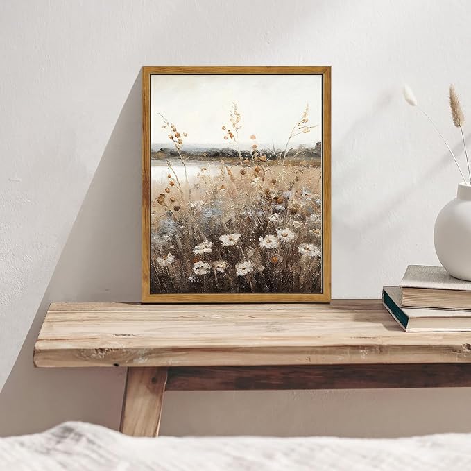 KBKBART Vintage Wall Art Framed, Retro Countryside Autumn Wildflower Field Landscape Canvas Painting Farmhouse Decor Wall Art, Rustic Fall Landscape Bathroom Wall Decor for Bedroom(9"x11")
