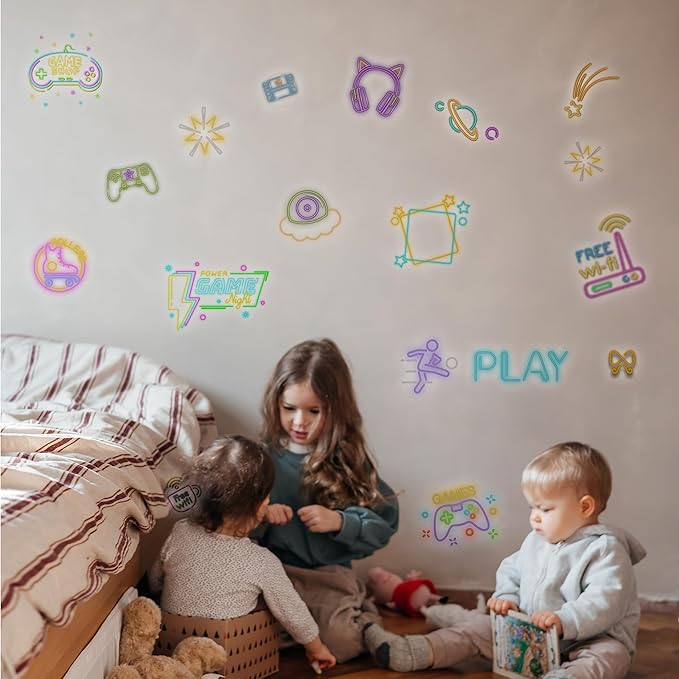 Neon Gaming Wall Stickers for Kids, Neon Gamer Wall Stickers for Children Room, Neon Video Game Character Removable Stickers for Baby Kids Nursery Girls Bedroom Living Room Playroom Wall Decoration