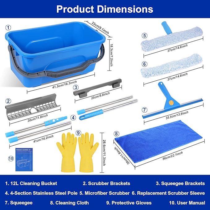Professional Window Cleaning Kit, Window Washing Kit with 3 Gallon Bucket, 14-Inch Squeegee & 15-Inch Scrubber, 61-Inch Extendable Pole, Window Cleaning Equipment for Home & Commercial Use