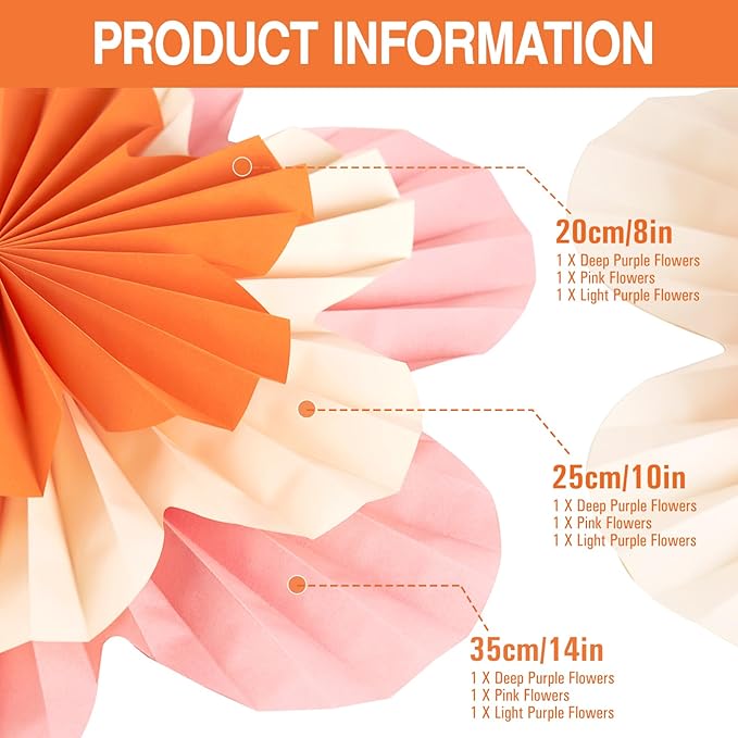Paper Flowers Decorations for Wall Pink and Orange Paper Fans Classroom Decoration Paper Floral Backdrop Decor Paper Fans Decoration Hanging Paper Fans Pink Flower Wall Decor, Set of 9