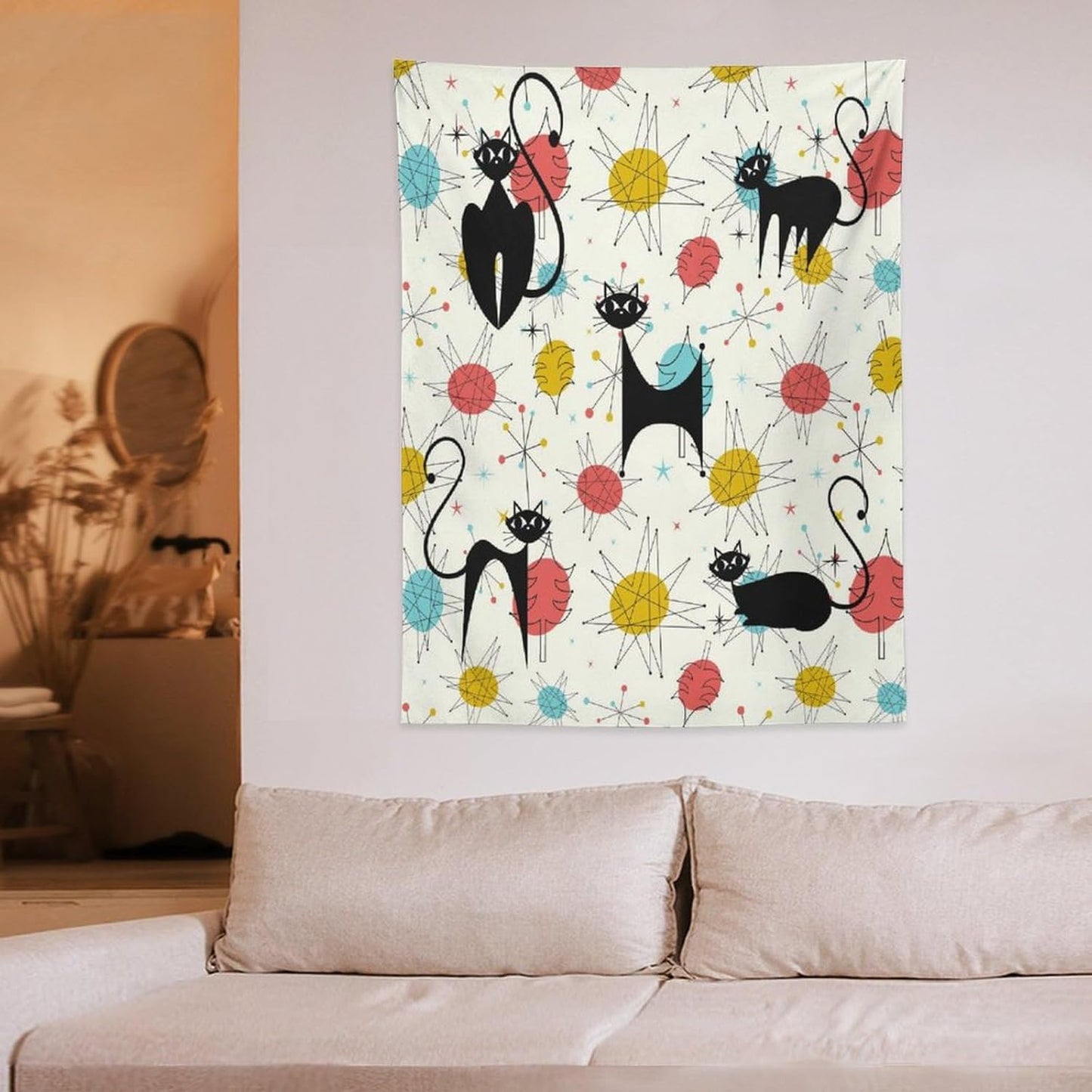 ICMOLYYENLO Abstract Cat Tapestry, Medieval Abstract Atomic Star Cat Vintage Home Wall Hanging Art Tapestry for Bedroom Living Room Dormitory 30x40 Inch