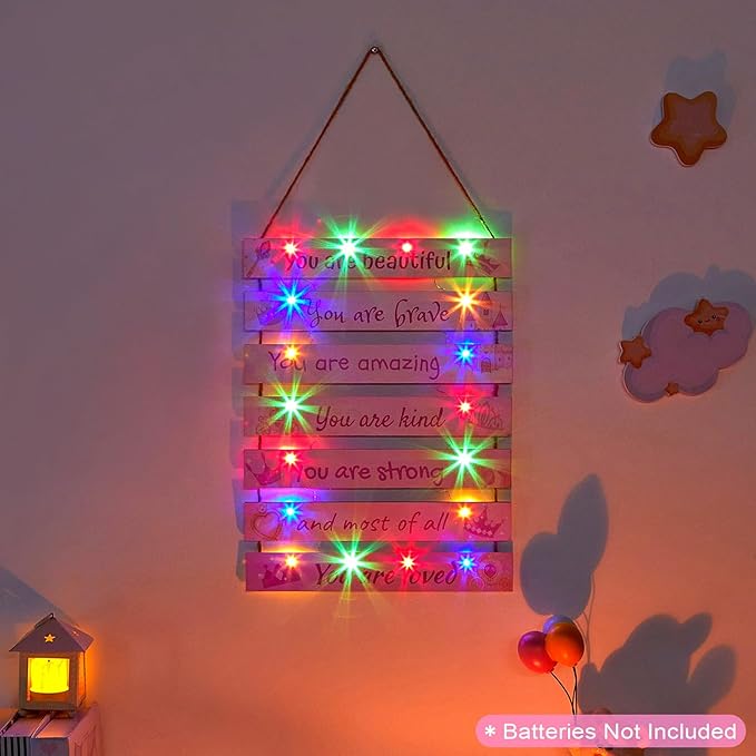 FIOBEE Girls Room Décor for Teen Girls Boys with LED Light Wall Decor for Bedroom Motivational Inspirational Wall Art Girl Room Decoration for Kids Studyroom, 8 Kinds of Lights, Pink Princess