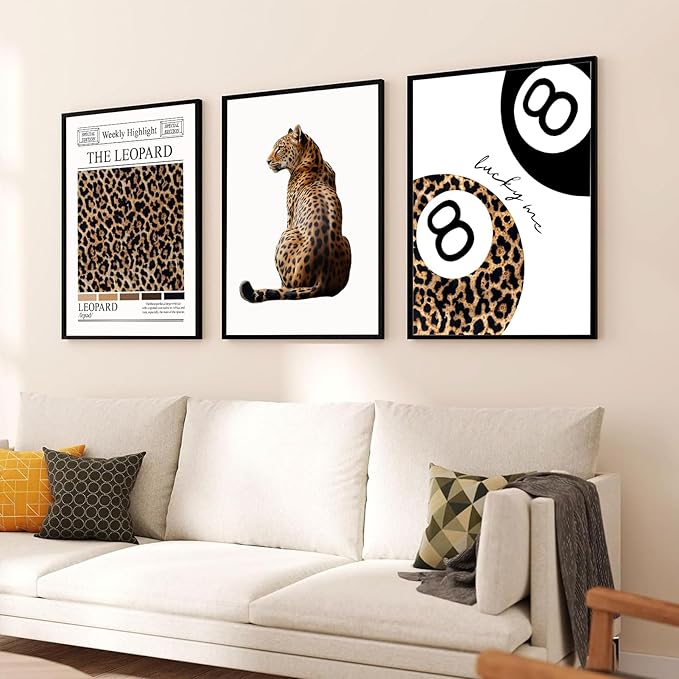 Set of 3 Trendy Leopard Wall Art Funky Lucky 8 Ball Posters Prints Preppy Room Aesthetic Cheetah Wall Decor Pictures for Girls Bedroom Apartment Dorm Unframed 12x16in
