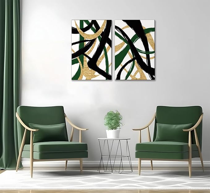 GKQNMU 2pcs Abstract Stripe Canvas Wall Art Modern Minimalist Geometry Wall Decoration Pictures Green Gold And Black Prints Posters Paintings for Living Room Bedroom Office Decoration Ready To Hang