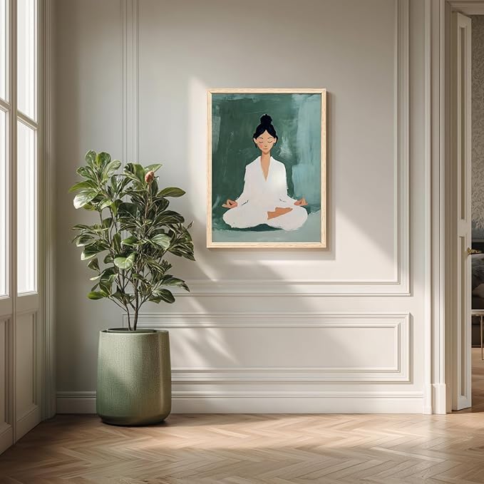 GELDSTEI Wood Framed Zen Wall Art, Tranquil Meditation Wall Decor, Yoga Girl Canvas Painting, Spiritual Aesthetic Picture, Calming Mindfulness Poster Print for Living Room Spa Yoga Studio 12x16 Inch