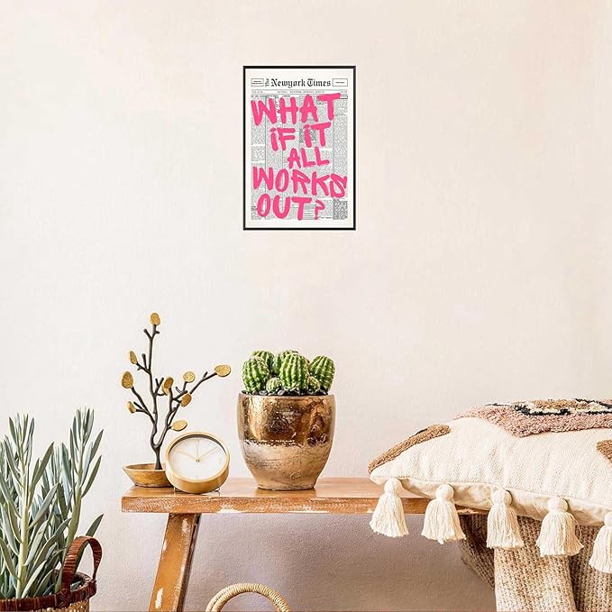 Drimiler Retro Newspaper Pink Font Poster What If It All Works Out Canvas Wall Art Positive Affirming Quote Minimalist Prints Painting For Home Bedroom Dorm Wall Decor 12x18in Framed