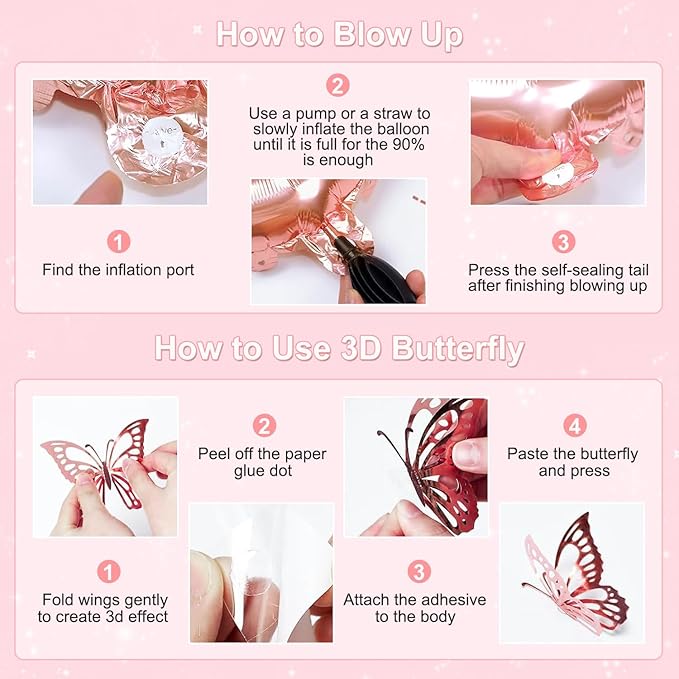 Rose Gold Birthday Decorations, Gold Pink Peach White Balloons Confetti Foil Balloons Happy Birthday Banner Butterfly Fringe Curtains birthday Decorations for Women Teens Girls