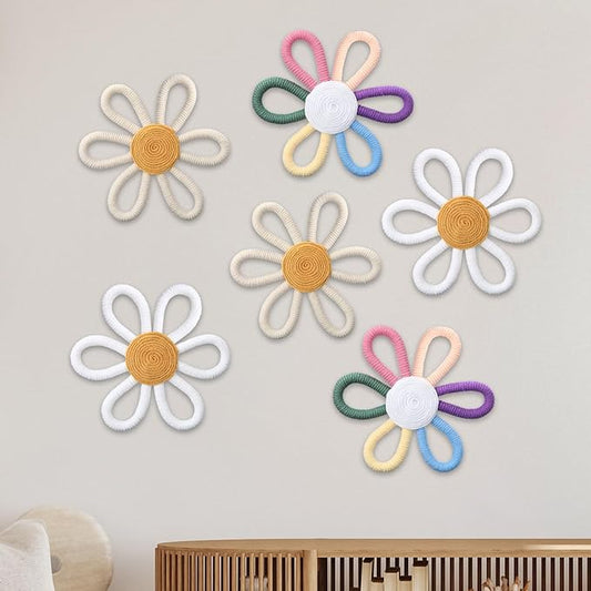 Ripeng 6 Pcs Boho Nursery Decor Flower Daisy Wall Art 6 Inch Woven Macrame Wall Hanging Bohemian Flower Decor Daisy Nursery for Baby Girls Kids Home Bedroom(Stylish Color)