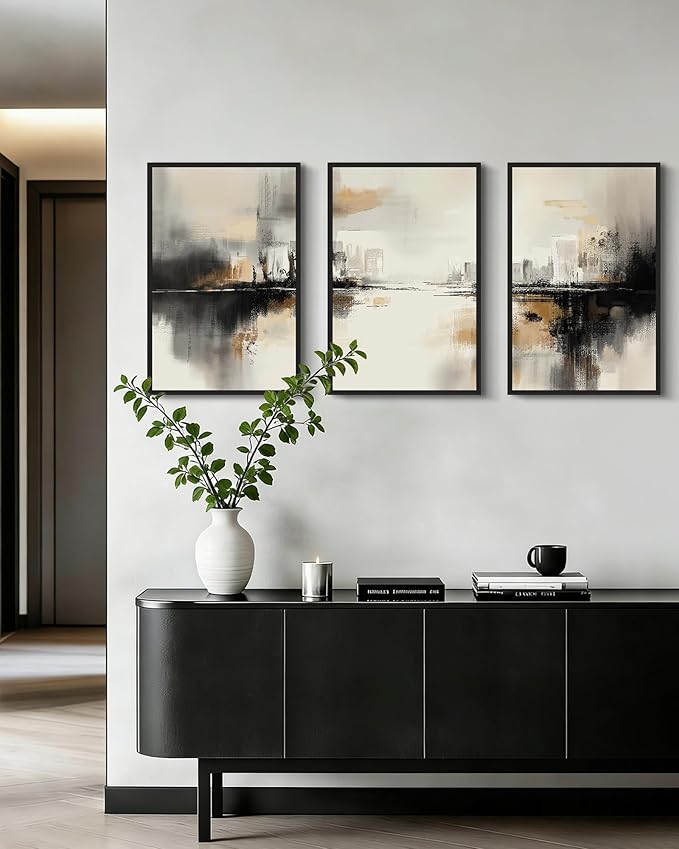 Drsoum Vintage Black Gray Abstract Wall Art Framed Brown Tan Neutral Prints Minimalist Modern Rustic Artwork Bedroom Living Room Ready to Hang 16x24in Black Framed