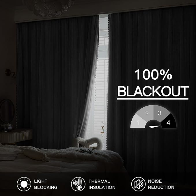 XiDi White Blackout Curtains with Sheer Overlay for Bedroom 63 Inches Long 2 Panels 100% Black Out Double Layer Curtains Thermal Insulated Room Darkening Grommet Short Drapes Greyish White 34W x 63L
