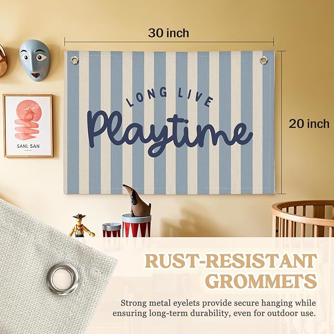 Playroom Wall Decor,Long Live Playtime Banner,Kids Room Decor,Blue Stripes Linen Canvas Banner Wall Hanging Flag Decor for Toddler Boy Room Nursery Playroom 30x20 Inch
