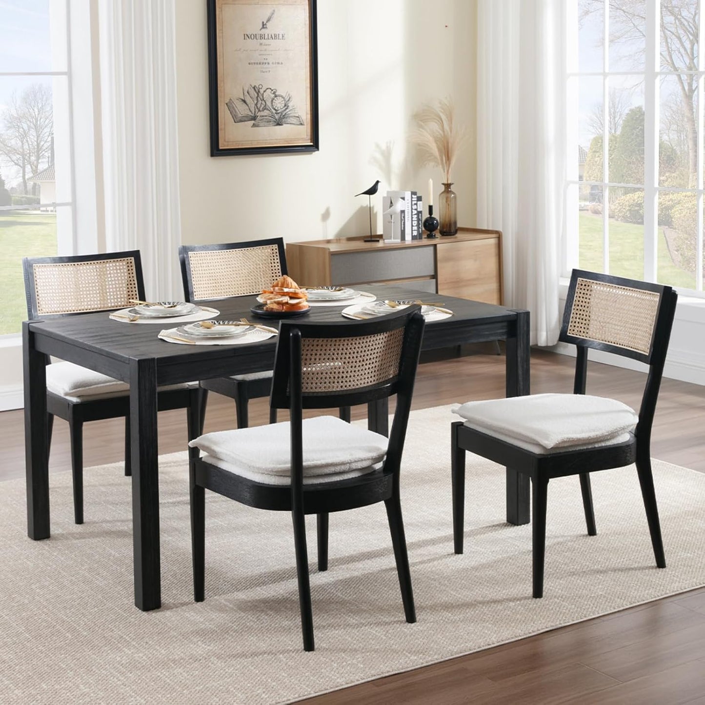 Rattan Dining Chairs Set Of 2 , Mid Century Modern Black Wooden Cane Back Chairs with Removable Sherpa Cushion , Retro Farmhouse Upholstered Kitchen & Dining Room Chairs for Restaurant Living Room