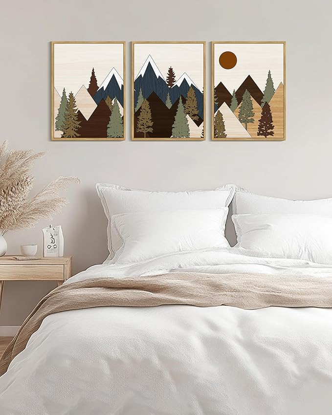Drsoum Morden Mountains Landscape Wall Art Framed Boho Pine Tree Forest Nature Prints Boho Farmhouse Rustic Artwork Hallway Bedroom Ready to Hang 12x16in Natural Framed