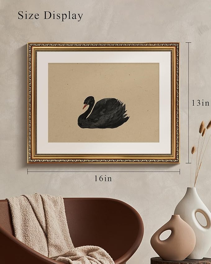 VIYYIEA Gold Framed Black Swan Vintage Canvas Wall Art, Elegant Wildlife Decor for Living Room or Office | Lightweight No Glass Design, Zero-Glare Textured Finish | 16x20 Inch